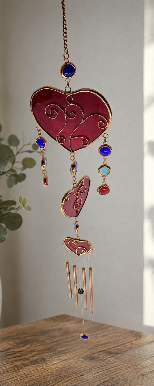 Red Heart Wind Chime Suncatcher Copper Tone Multicolor Glass Beads Hanging...